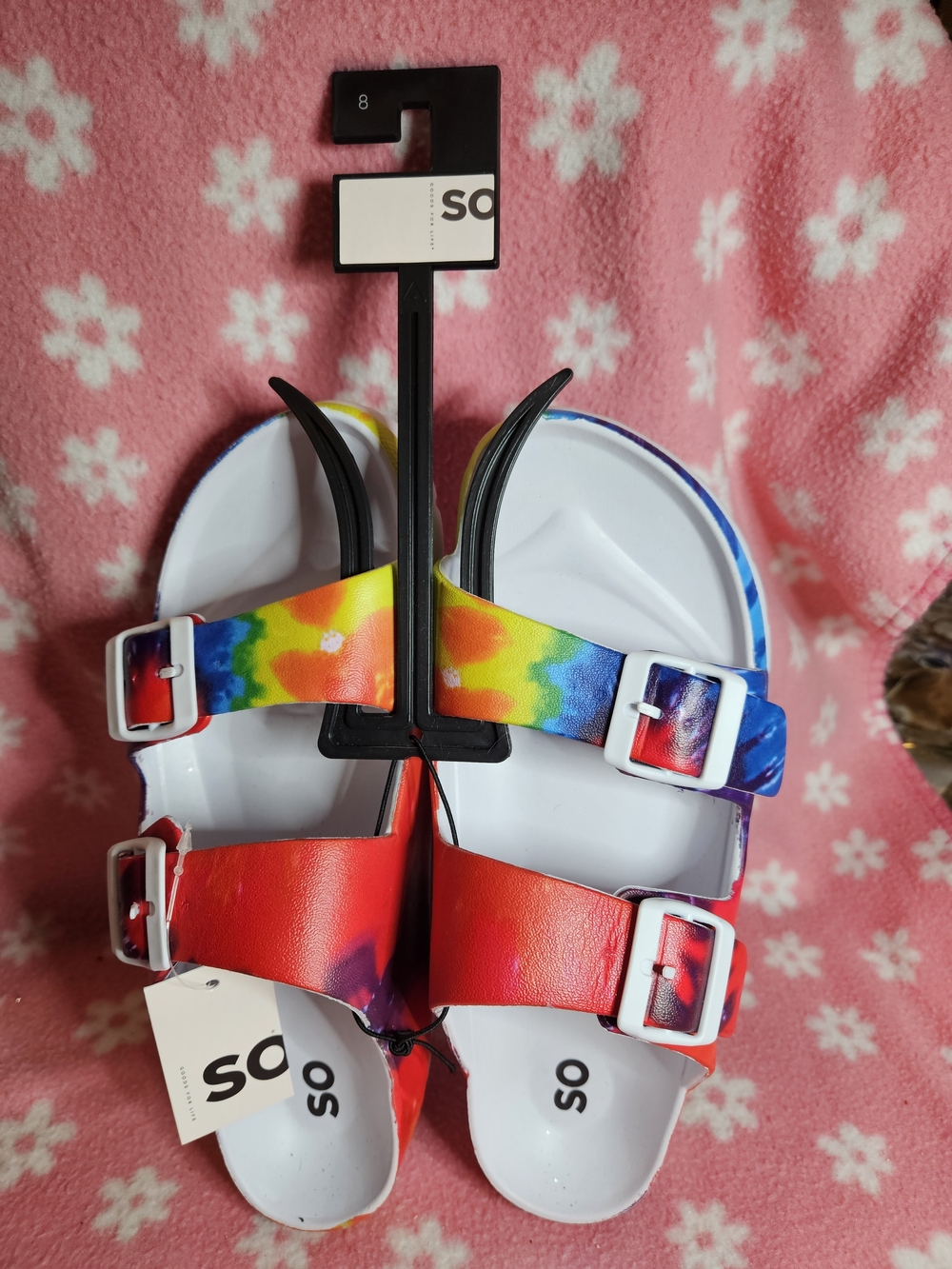 SO Women's Rainbow Tie-Dye Buckle Sandals - Red, Yellow, Green, Blue